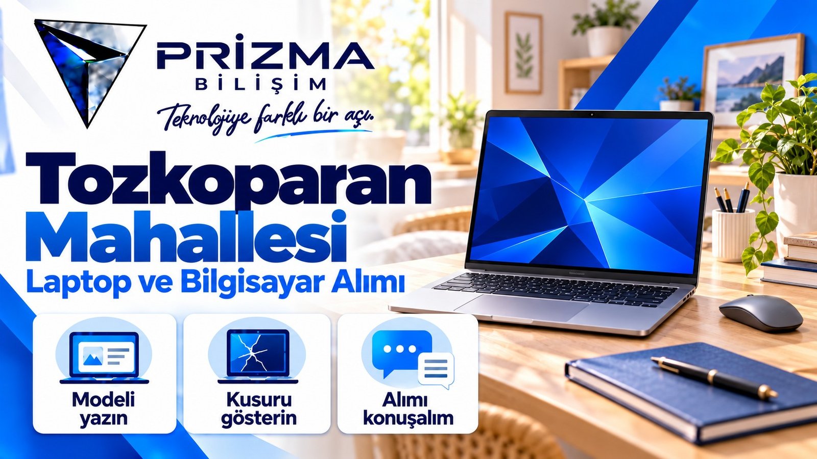 İstanbul Güngören Tozkoparan Mahallesi laptop ve bilgisayar alımı için Prizma logolu açıklamalı kapak; modeli yazın, kusuru gösterin, alımı konuşalım.