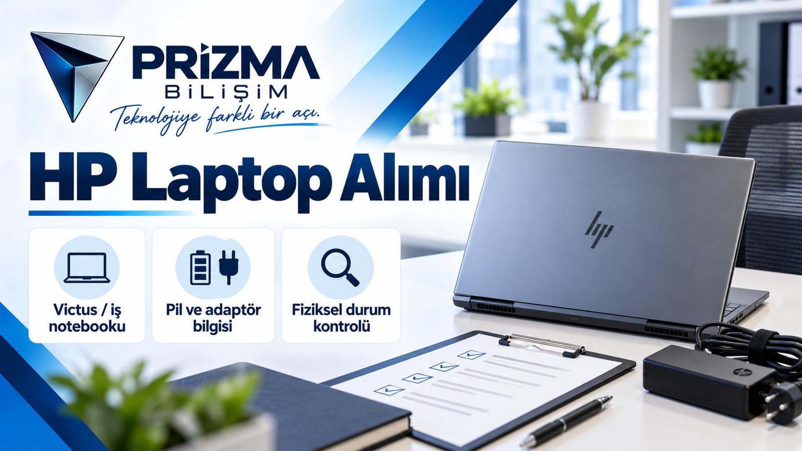 HP Laptop Alımı için victus / iş notebooku, pil ve adaptör bilgisi, fiziksel durum kontrolü bilgilerini içeren Prizma görseli