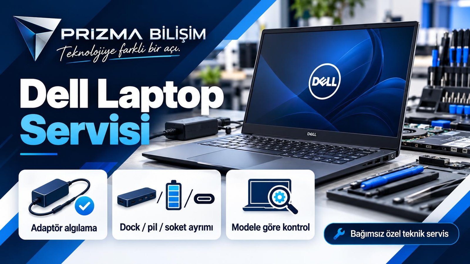 Dell Laptop Servisi için adaptör algılama, dock / pil / soket ayrımı, modele göre kontrol bilgilerini içeren Prizma görseli