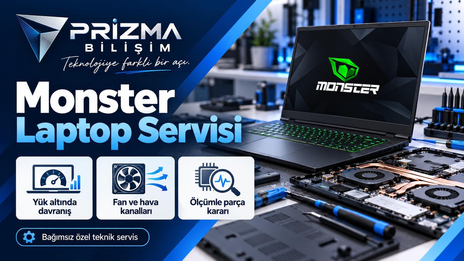 Monster Laptop Servisi için yük altında davranış, fan ve hava kanalları, ölçümle parça kararı bilgilerini içeren Prizma görseli