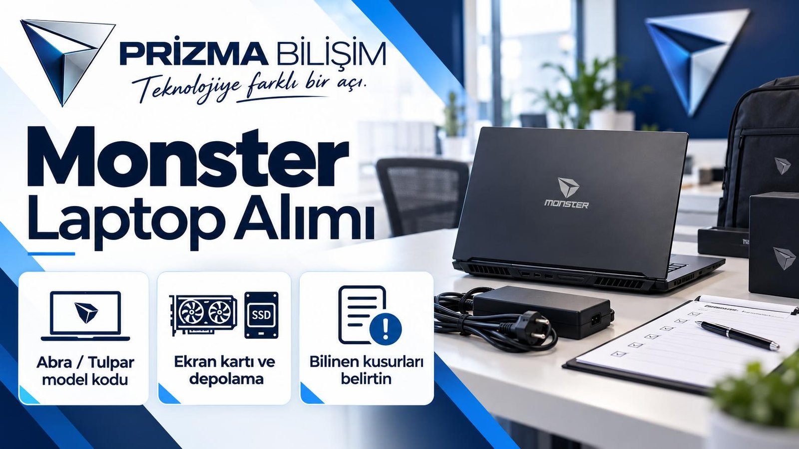 Monster Laptop Alımı için abra / tulpar model kodu, ekran kartı ve depolama, bilinen kusurları belirtin bilgilerini içeren Prizma görseli