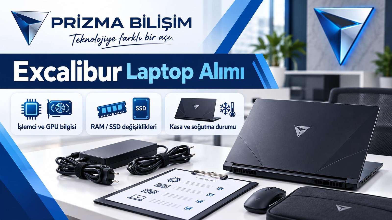 Excalibur Laptop Alımı için işlemci ve gpu bilgisi, ram / ssd değişiklikleri, kasa ve soğutma durumu bilgilerini içeren Prizma görseli