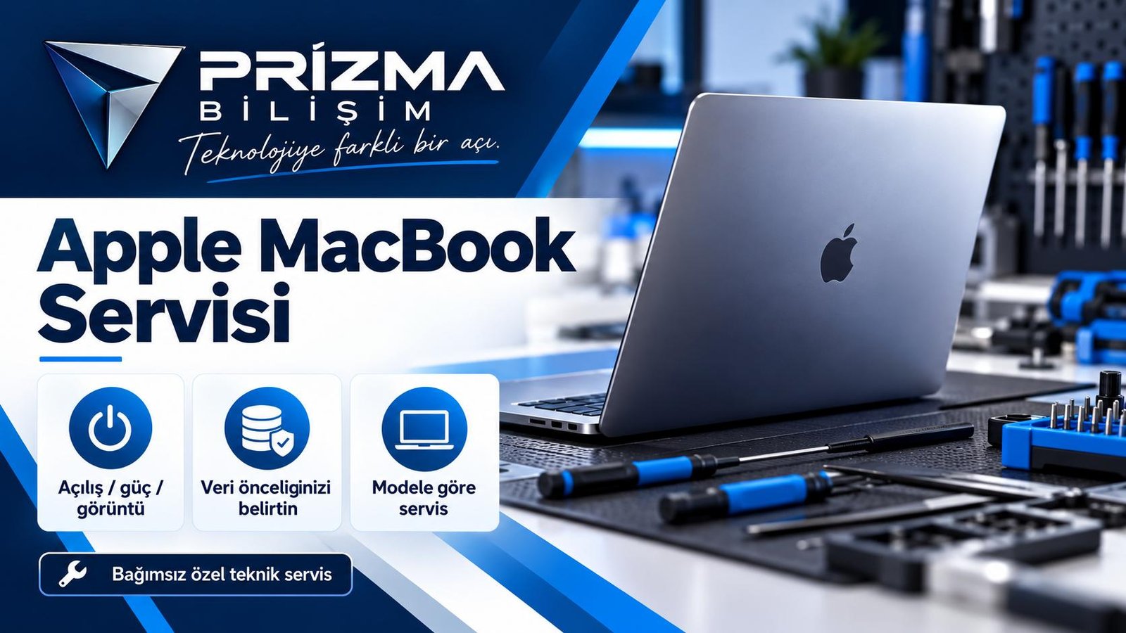 Apple MacBook Servisi için açılış / güç / görüntü, veri önceliğinizi belirtin, modele göre servis bilgilerini içeren Prizma görseli