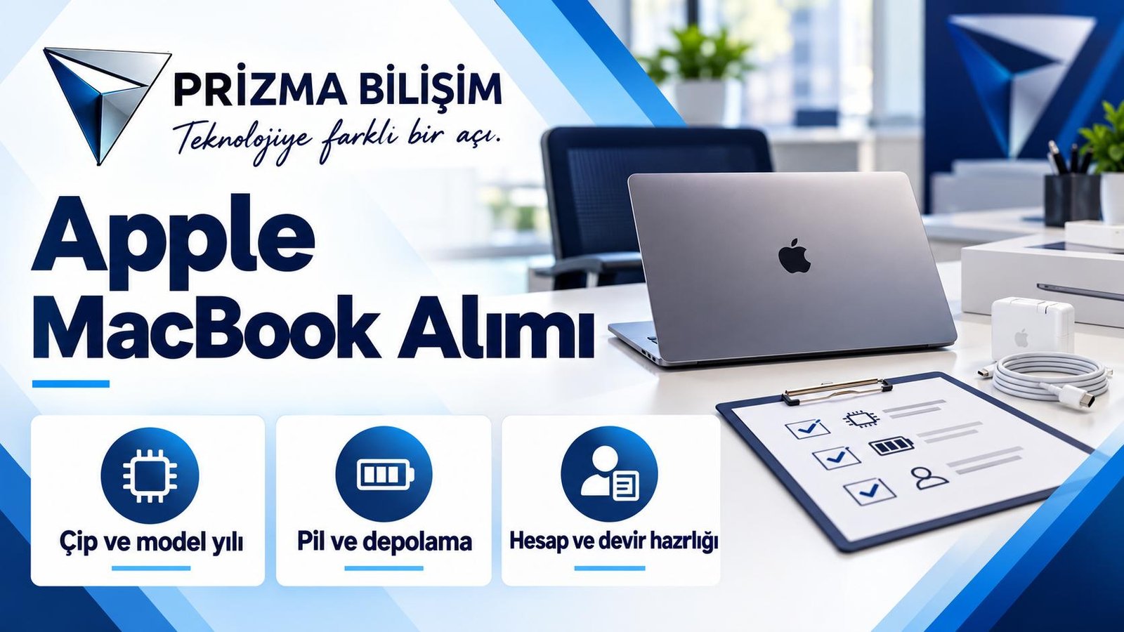 Apple MacBook Alımı için çip ve model yılı, pil ve depolama, hesap ve devir hazırlığı bilgilerini içeren Prizma görseli