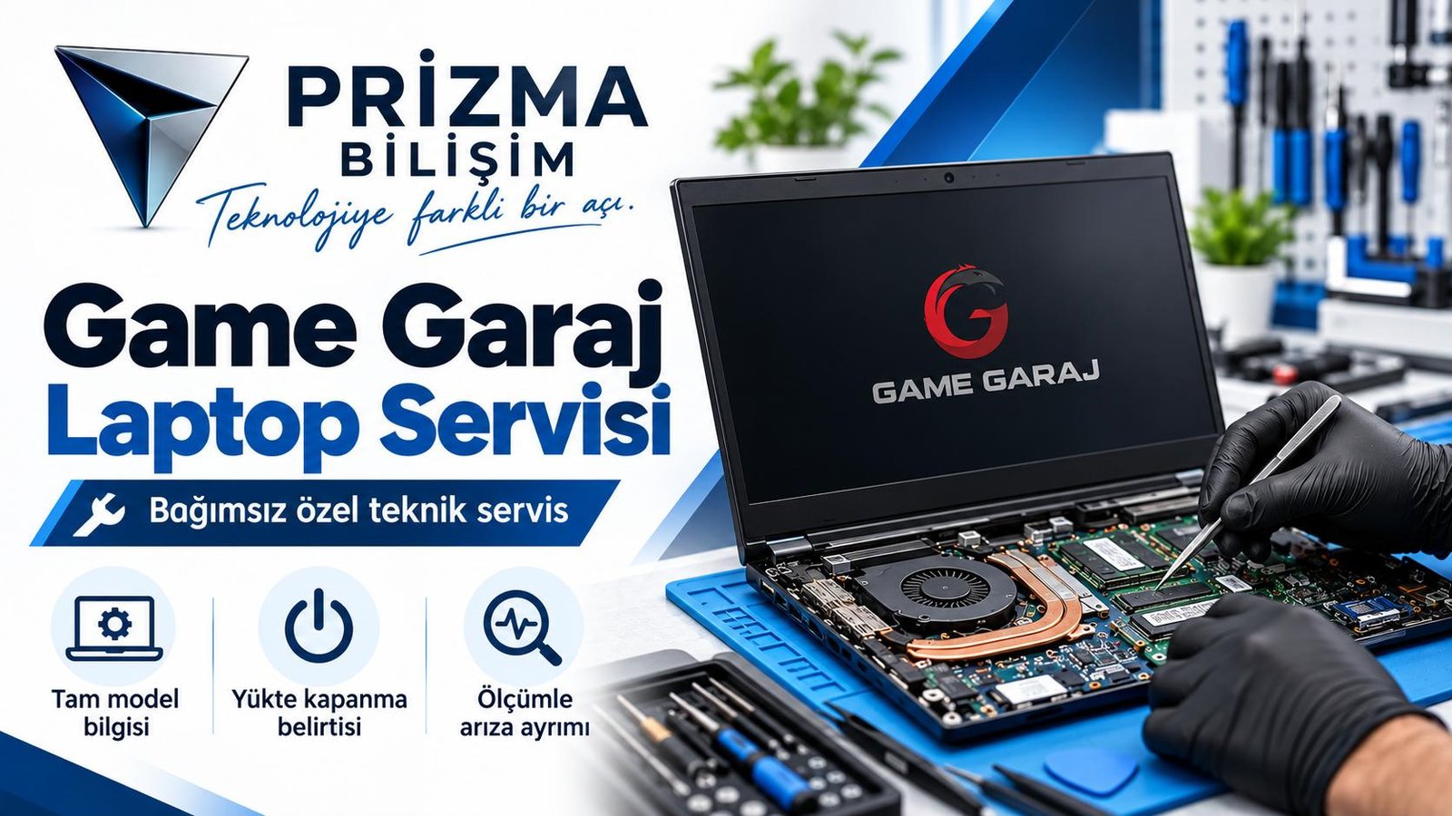 Game Garaj Laptop Servisi için tam model bilgisi, yükte kapanma belirtisi, ölçümle arıza ayrımı bilgilerini içeren Prizma görseli