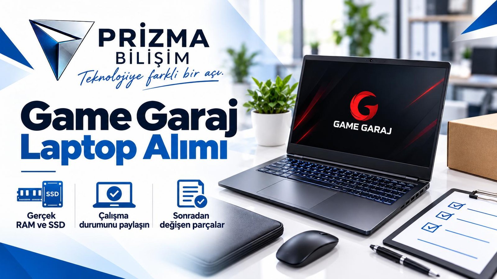 Game Garaj Laptop Alımı için gerçek ram ve ssd, sonradan değişen parçalar, çalışma durumunu paylaşın bilgilerini içeren Prizma görseli