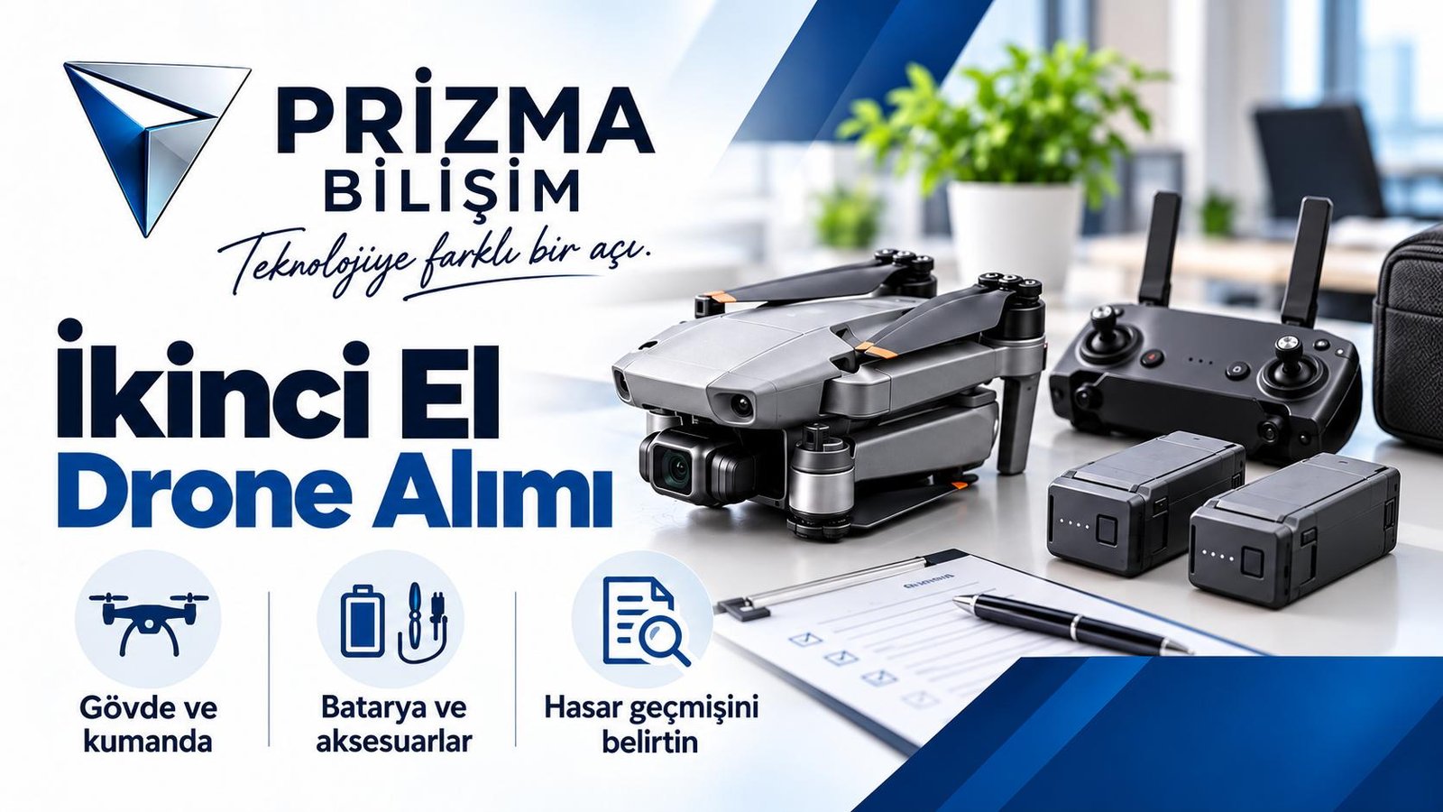 İkinci El Drone Alımı için gövde ve kumanda, batarya ve aksesuarlar, hasar geçmişini belirtin bilgilerini içeren Prizma görseli