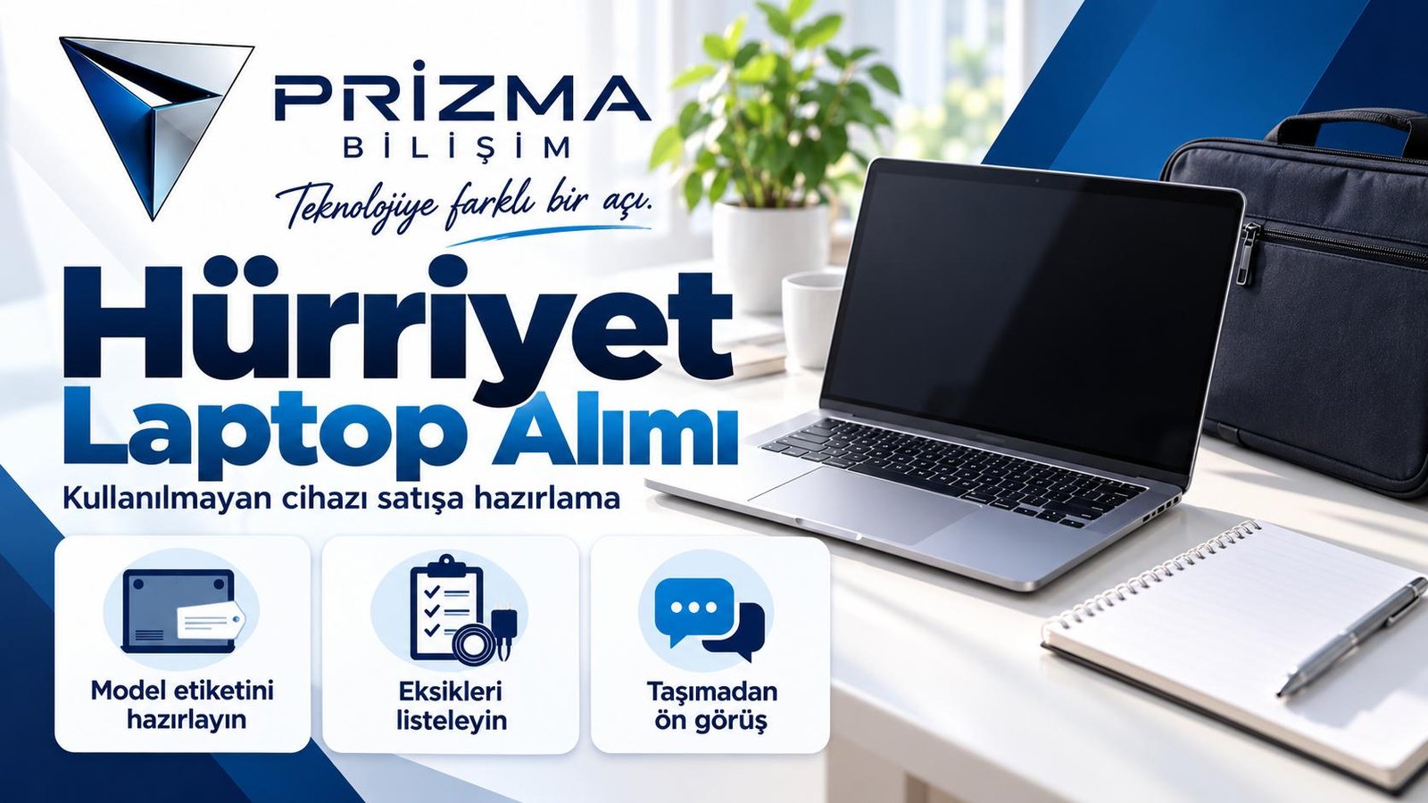 İstanbul Bahçelievler Hürriyet Mahallesi laptop alımı için model etiketi, eksik aksesuar listesi ve taşıma öncesi görüş bilgilerini içeren Prizma görseli