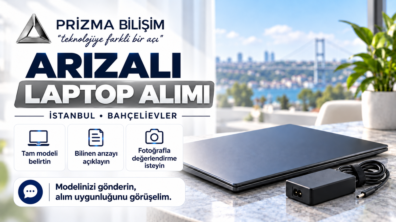 Kapalı laptop ve adaptör; arızalı laptop alımı için model, bilinen arıza ve fotoğrafla başvuru bilgileri
