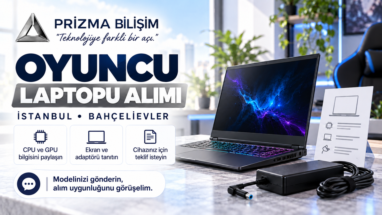 Oyuncu laptopu ve adaptörü; alım görüşmesi için CPU, GPU, ekran ve cihaz durumunu paylaşma bilgileri